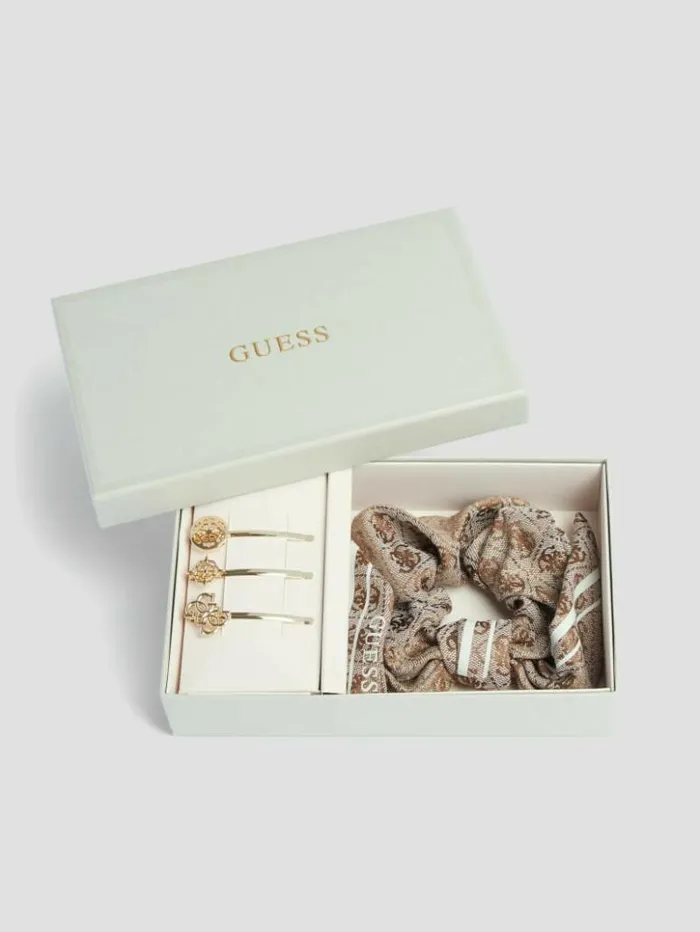 WomenKids GUESS Hats and Scarves Scrunchie And Hair Pins Gift Set Latte Logo