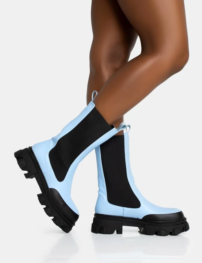 Women Kira Blue PU Chunky Sole Chelsea Ankle Boots Blue Public Desire Ankle Boots