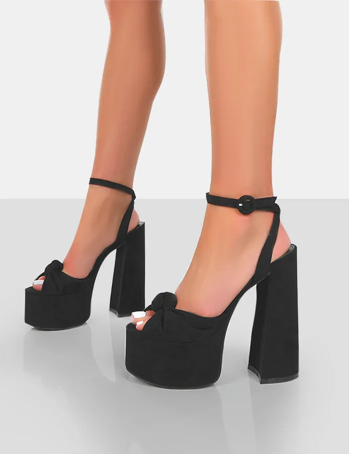 Women Knot On Wide Fit Black Faux Suede Knotted Platform High Heeled Sandals Black Public Desire 6034 Heels