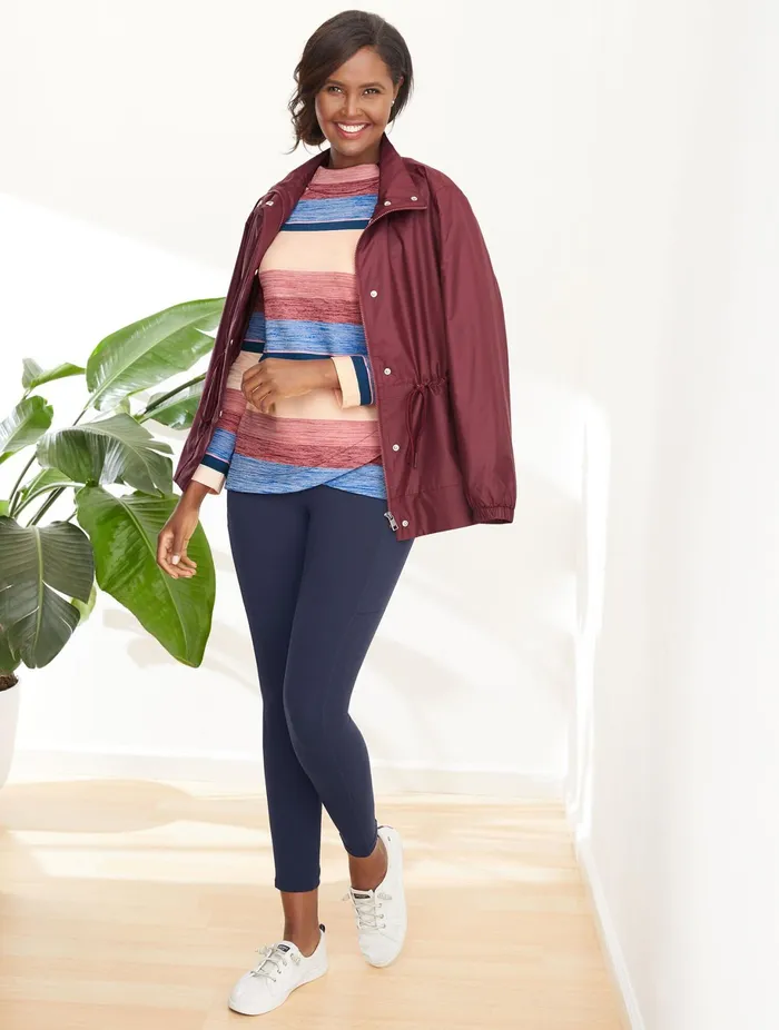 Women Long and 34 Sleeve Talbots Zip Mockneck Stripe Top Pink Lotus Multi