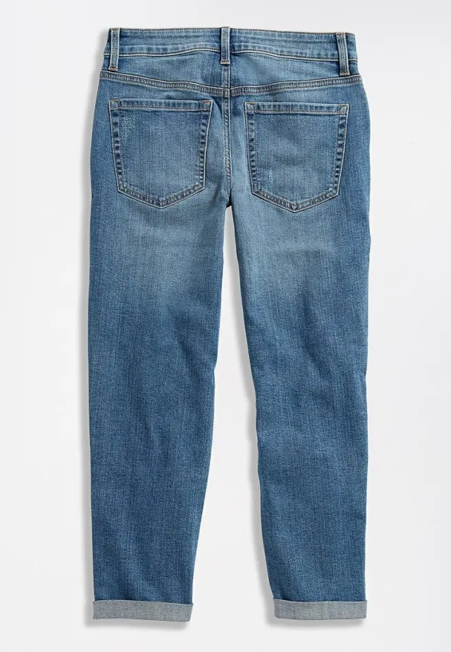 Women Medium Wash Destructed Boyfriend Cropped Jean Maurices Bottoms