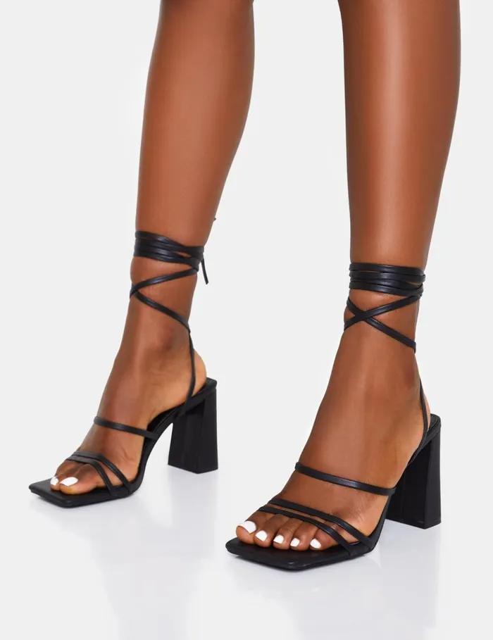 Women Natty Black Pu Lace Up Square Toe Mid Block Heels Black Public Desire Prom