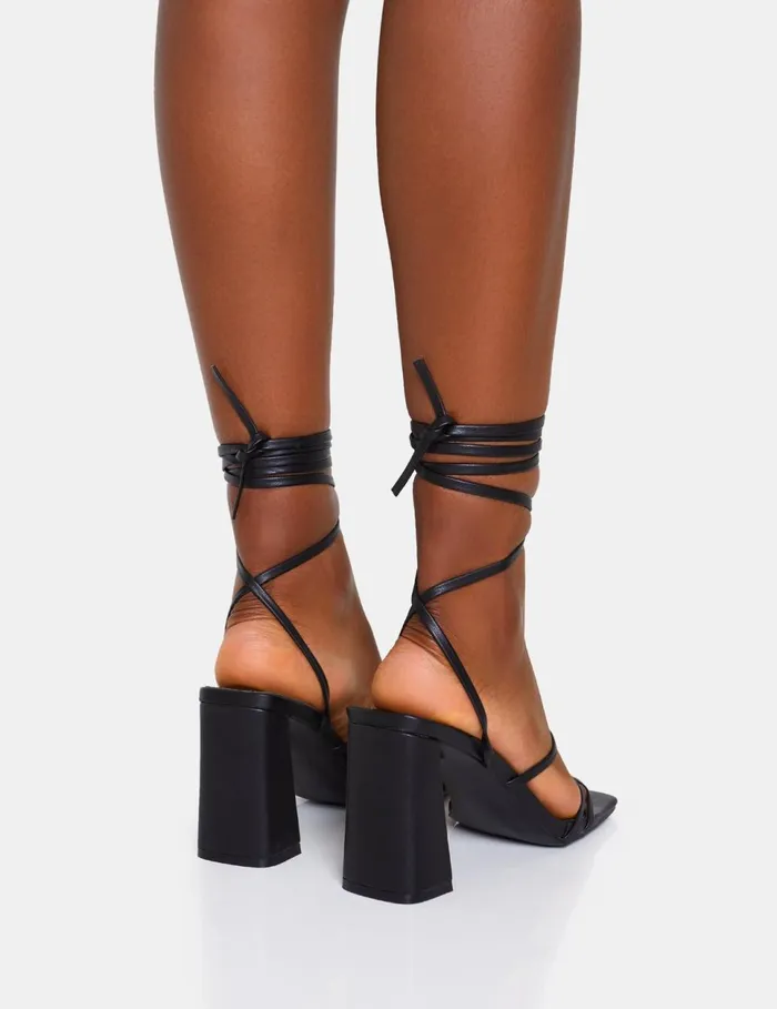 Women Natty Black Pu Lace Up Square Toe Mid Block Heels Black Public Desire Prom