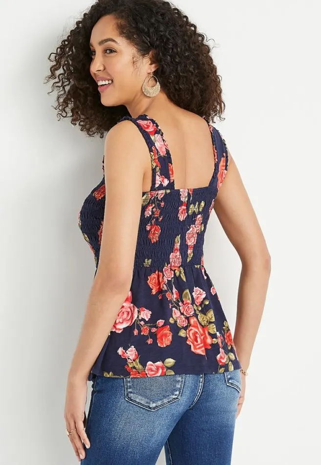 Women Navy Floral Smocked Babydoll Tank Top Maurices Tops