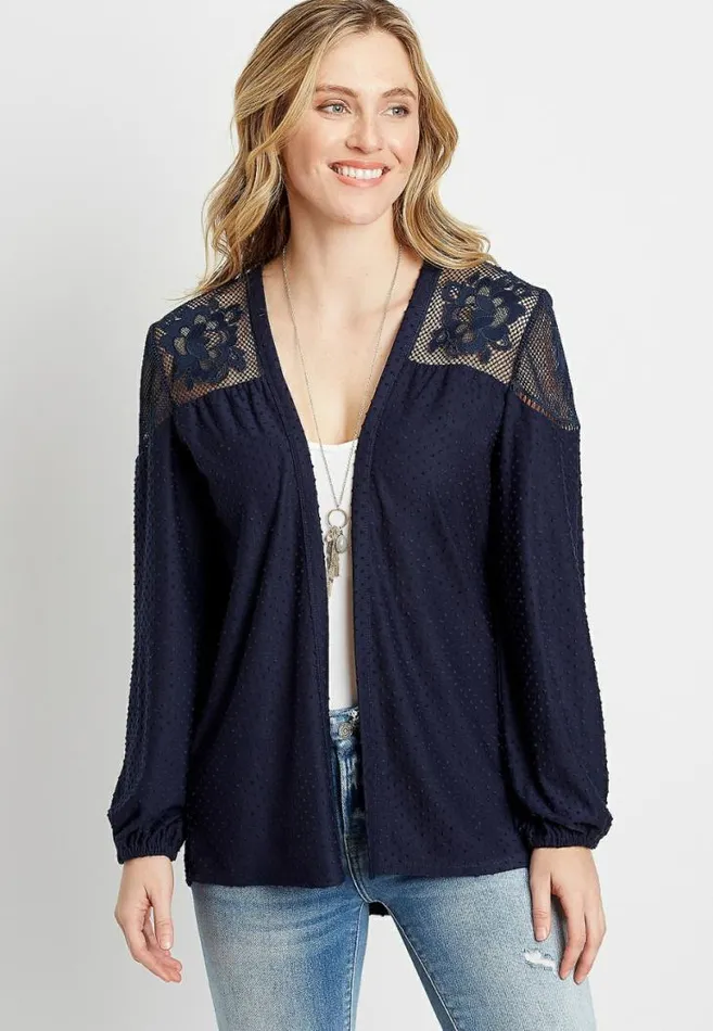 Women Navy Lace Yoke Swiss Dot Open Front Cardigan Maurices Tops