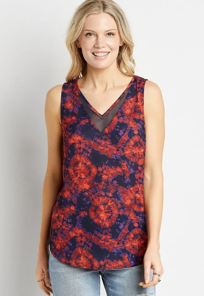 Women Navy Tie Dye Sheer Inset V Neck Tank Top Maurices Tops