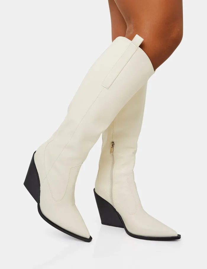 Women Nevada Ecru Western Cowboy Pointed Toe Block Heel Knee High Boots Neutral Public Desire Festival
