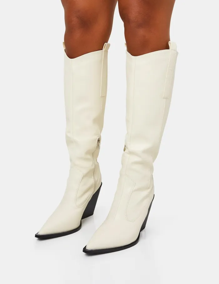 Women Nevada Ecru Western Cowboy Pointed Toe Block Heel Knee High Boots Neutral Public Desire Festival