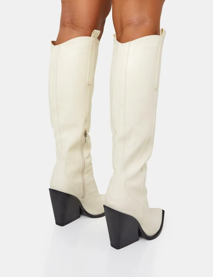 Women Nevada Ecru Western Cowboy Pointed Toe Block Heel Knee High Boots Neutral Public Desire Festival