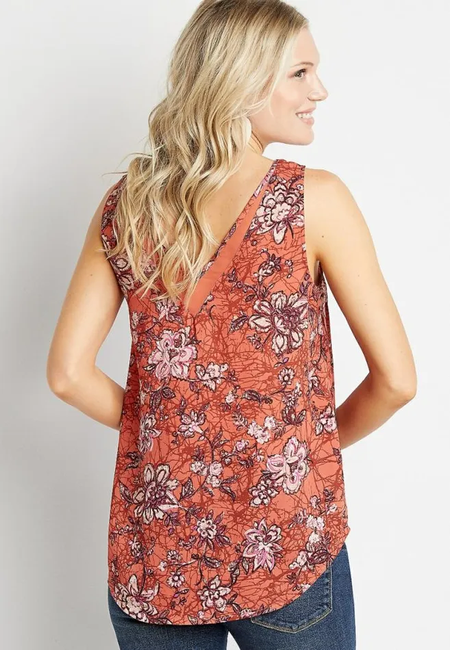 Women Orange Floral Sheer Inset V Neck Tank Top Maurices Tops