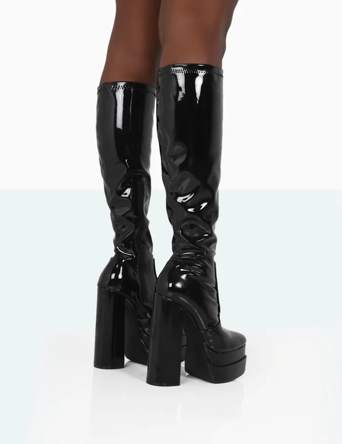 Women Passive Black Patent Square Toe Platform Block High Heel Over The Knee Boots Black Public Desire Long Boots
