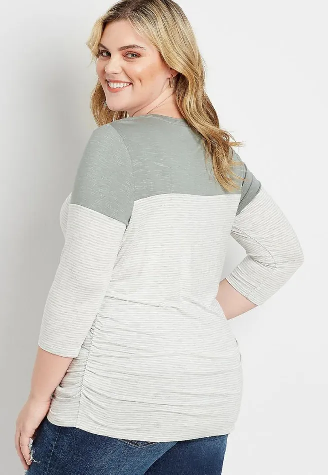Women Plus Size 247 Olive Striped Ruched Side Baseball Tee Maurices Plus Tops
