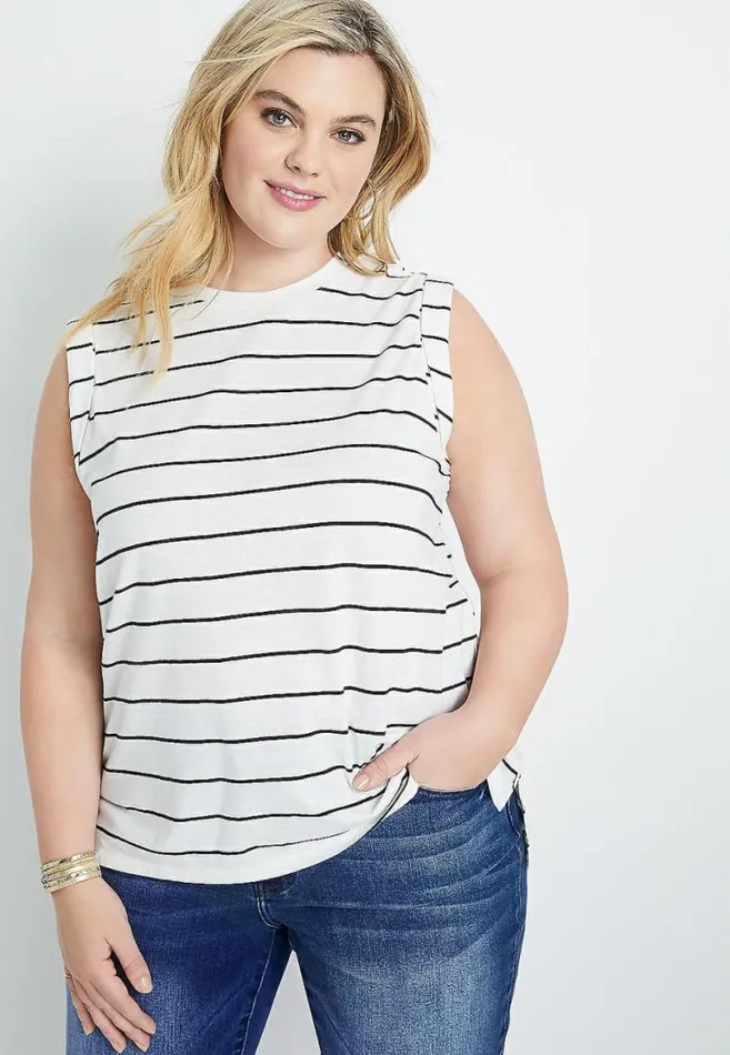 Women Plus Size 247 White Striped Muscle Tank Top Maurices Plus Tops