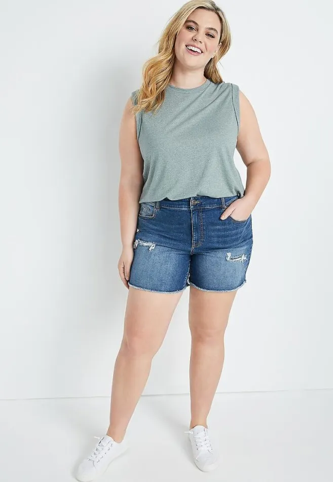Women Plus Size High Rise Medium Wash Bandana Backed Ripped 6In Short Maurices Plus Bottoms