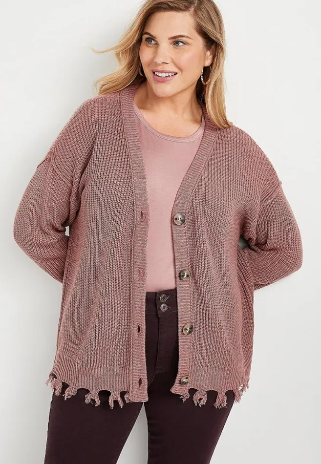 Women Plus Size Pink Distressed Hem Cardigan Maurices Plus Tops