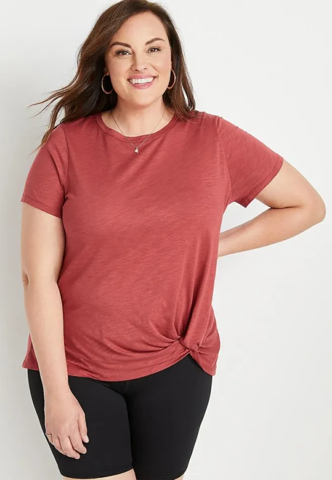 Women Plus Size Red Front Knot Short Sleeve Top Maurices Plus Tops