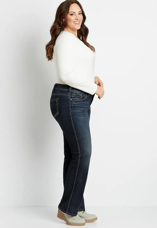 Women Plus Size Silver Jeans Co Suki Dark Wash Navy Stitch Slim Boot Jean Maurices Plus Jeans