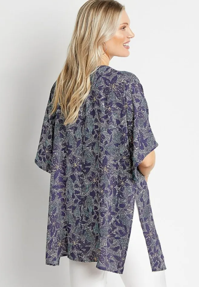 Women Purple Floral Side Slit Kimono Maurices Tops