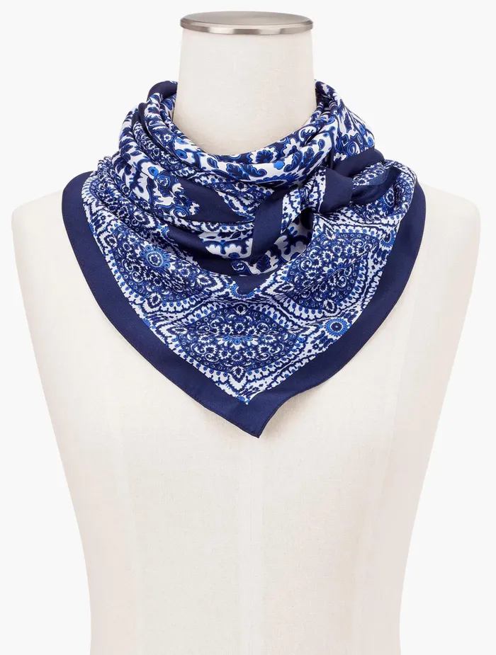 Women Scarves Talbots Coastal Medallion Silk Square Scarf Indigo Blue Multi