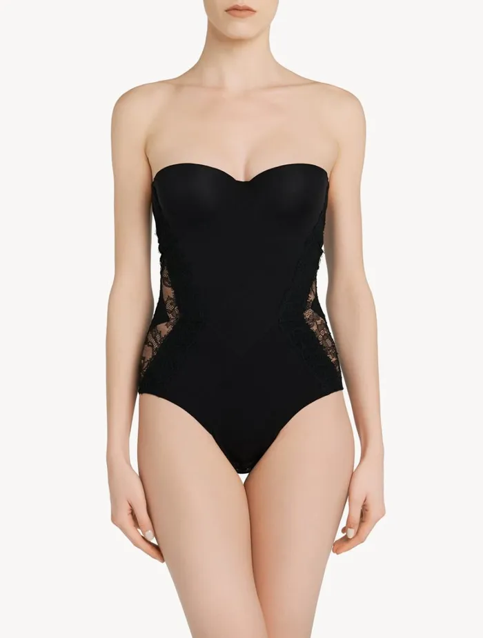 Women Shapewear La Perla Black Lycra Control Fit Body With Chantilly Lace