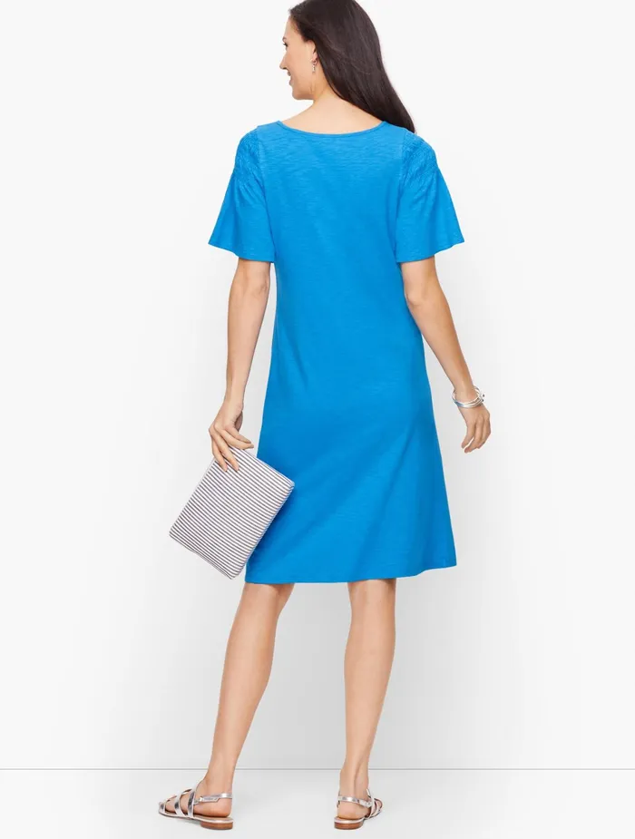 Women Sheath And Shift Talbots Smocked Sleeve Knit Shift Dress Indigo Blue