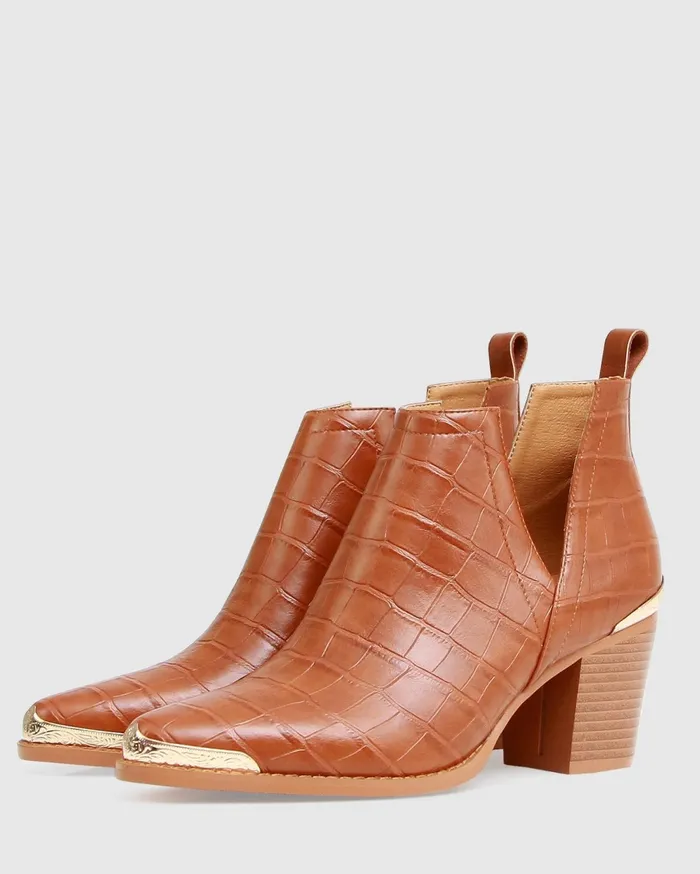 Women Shoes Belle and Bloom Austin Croc Embossed Ankle Boot 8211 Camel