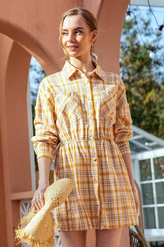 Women Short Dresses Cupshe Aisha Gingham Long Sleeve Shirt Collar Dress Multicolor
