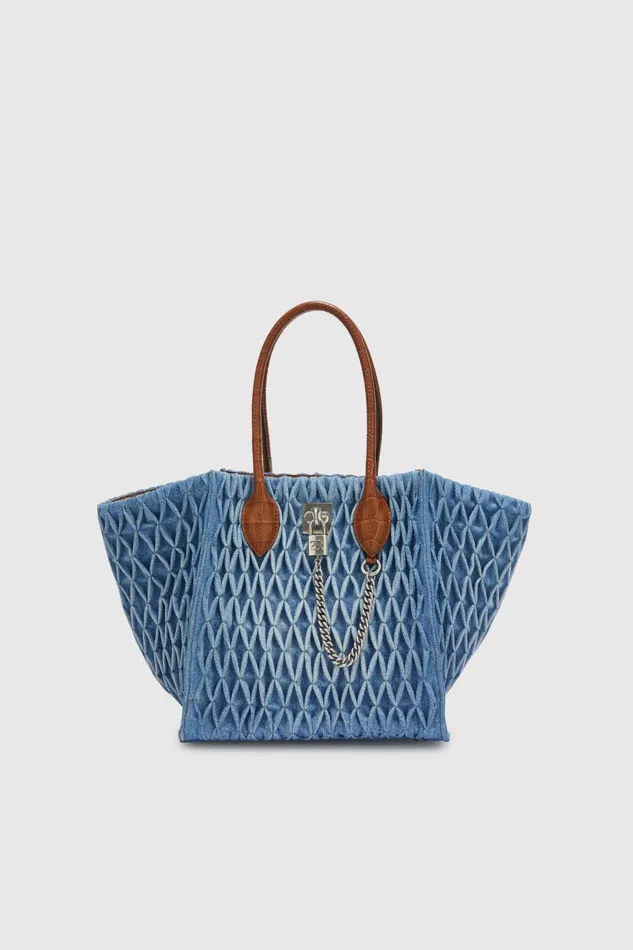 Women Shoulder Bags Ermanno Scervino Maggie Media In Denim With Handmade Smock Stitch Work Blue Denim