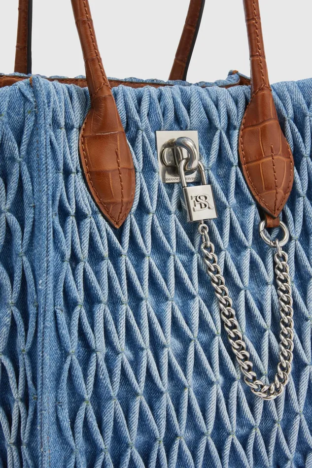 Women Shoulder Bags Ermanno Scervino Maggie Media In Denim With Handmade Smock Stitch Work Blue Denim
