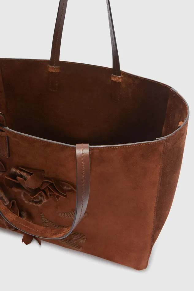 Women Shoulder Bags Ermanno Scervino Suede Shopping Bag With Handmade Flowers And Embroidery