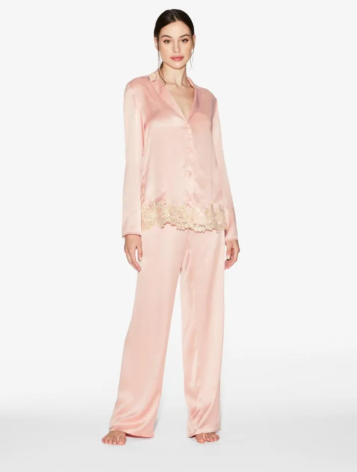 Women Silk Sleepwear La Perla Pink Silk Long Pajamas With Frastaglio
