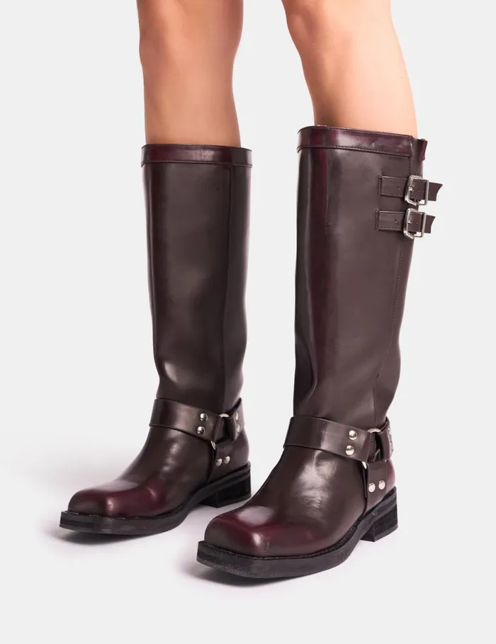 Women Sirius Burgundy Vintage Buckle Knee Hight Flat Boots Burgundy Public Desire Knee High Boots