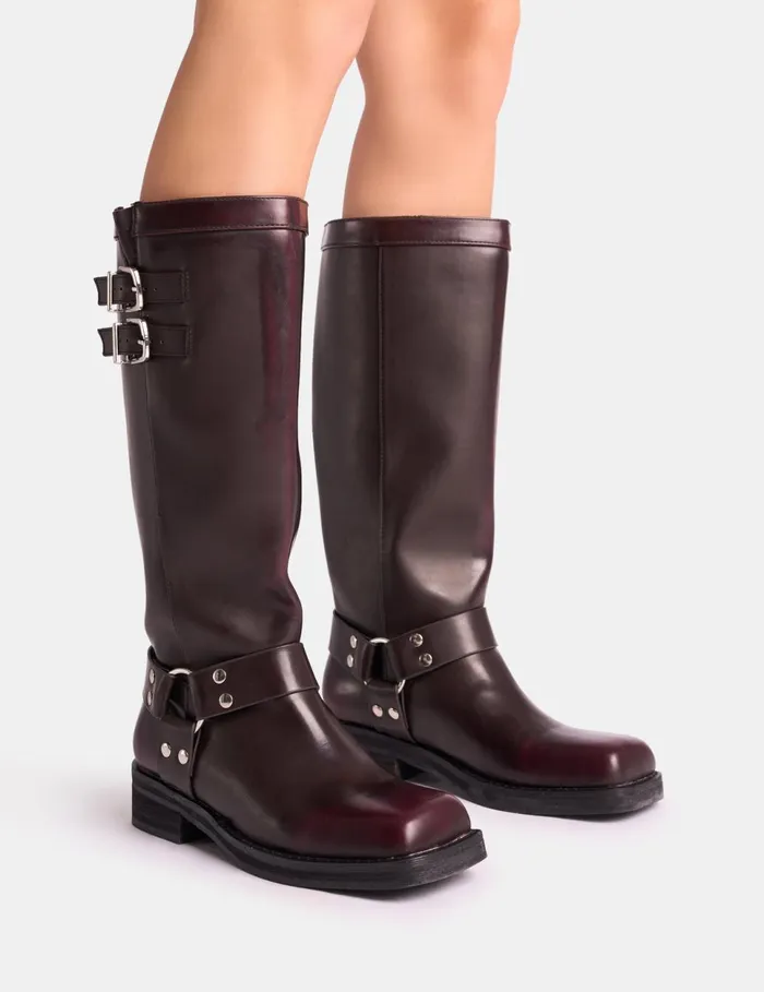 Women Sirius Burgundy Vintage Buckle Knee Hight Flat Boots Burgundy Public Desire Knee High Boots