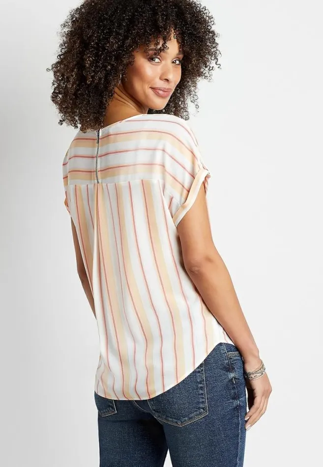 Women Striped Zipper Back Short Sleeve Blouse Maurices Tops