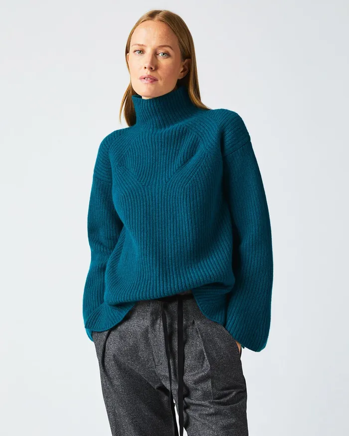 Women Sweaters and Knits Billy Reid Transfer Rib Funnel Sweater Dark Teal