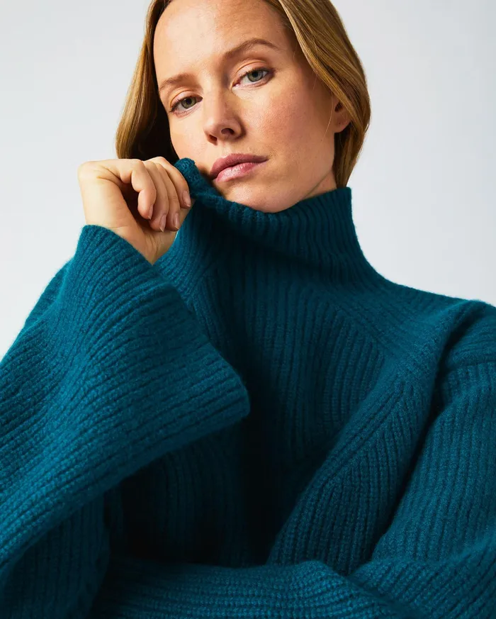 Women Sweaters and Knits Billy Reid Transfer Rib Funnel Sweater Dark Teal