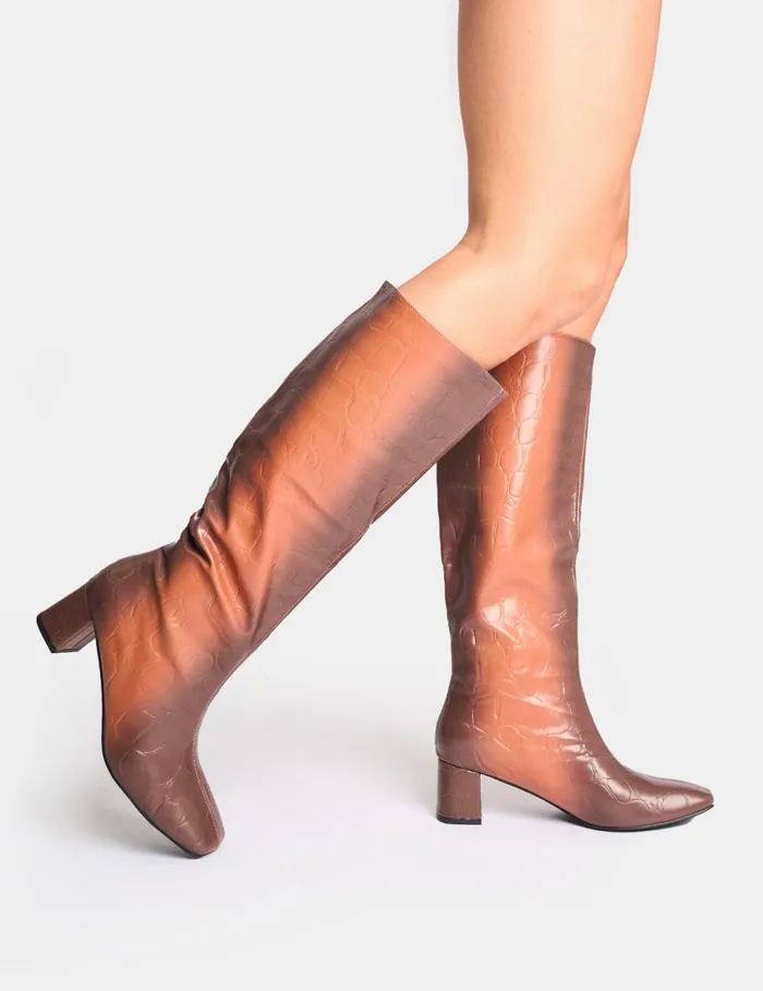 Women Tamira Brown Ombre Block Heel Knee High Boots Brown Public Desire Long Boots