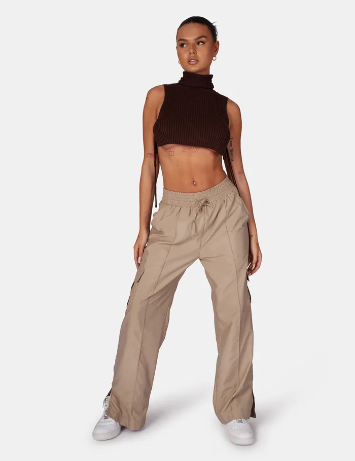 Women Tie Side Roll Neck Crop Top Kaiia Brown Public Desire Knitwear