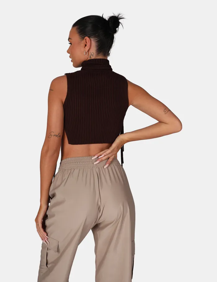 Women Tie Side Roll Neck Crop Top Kaiia Brown Public Desire Knitwear