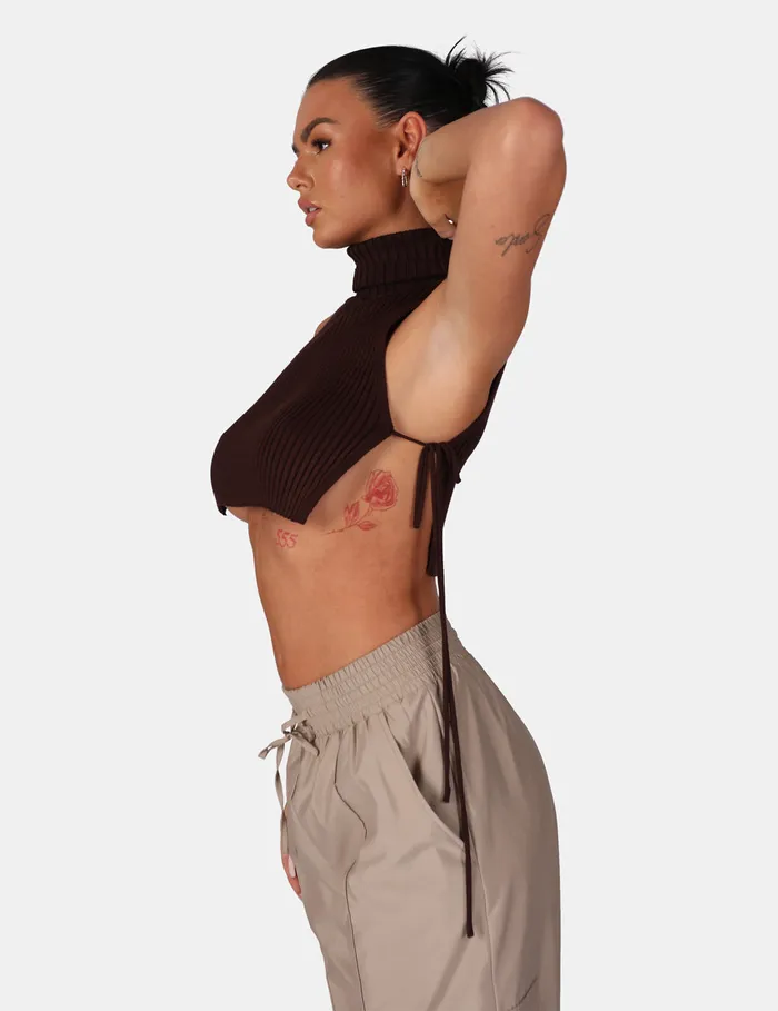Women Tie Side Roll Neck Crop Top Kaiia Brown Public Desire Knitwear
