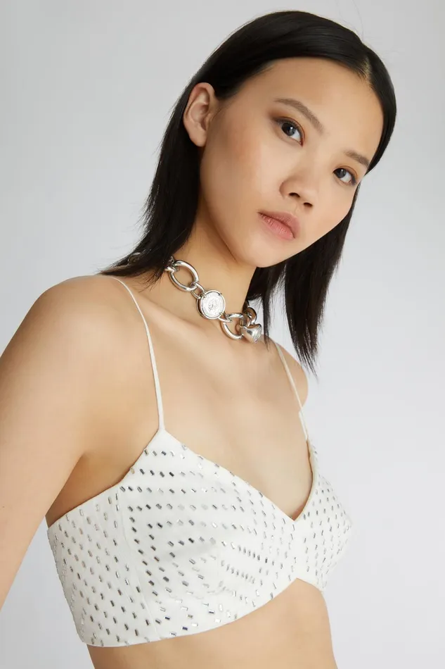 Women Tops and Shirts Ermanno Scervino White Silk Bustier Top With Crystals 8211 Ermanno Scervino White