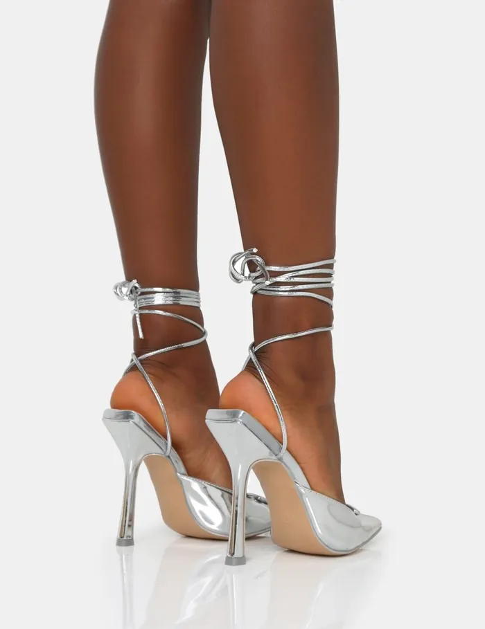 Women Vada Silver Mirror Slingback Lace Up Pointed Toe Stiletto Heels Silver Public Desire Party