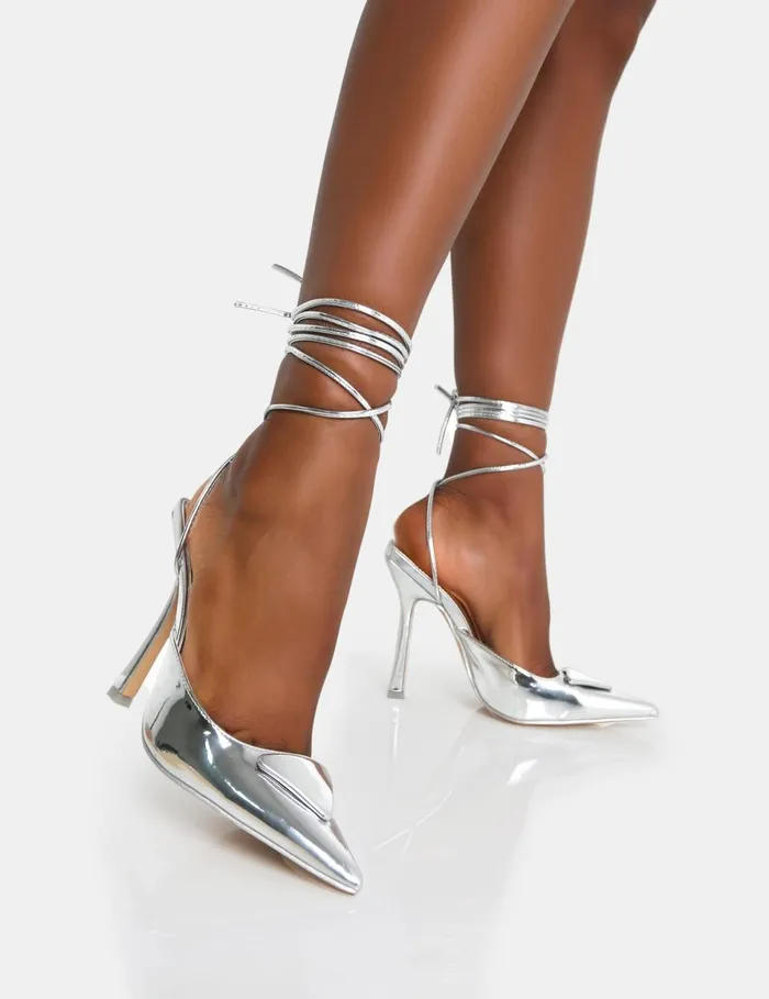 Women Vada Silver Mirror Slingback Lace Up Pointed Toe Stiletto Heels Silver Public Desire Party