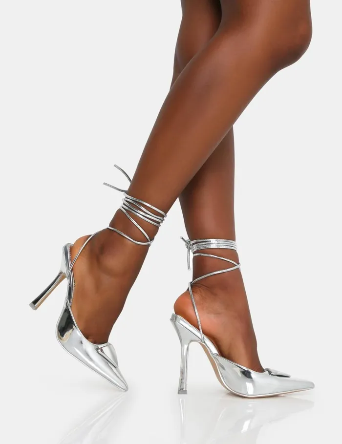 Women Vada Silver Mirror Slingback Lace Up Pointed Toe Stiletto Heels Silver Public Desire Party