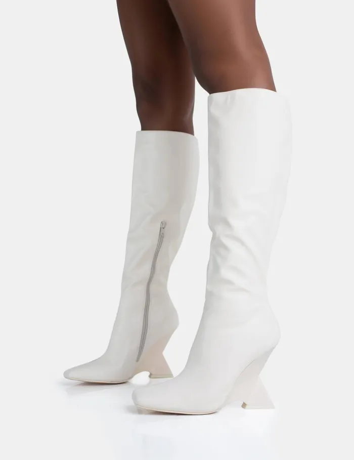 Women Vanessa Ecru PU Inverted Wedge Square Toe Heeled Knee High Boots White Public Desire Long Boots
