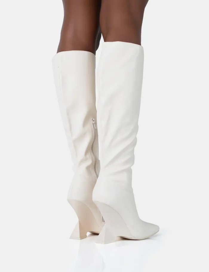 Women Vanessa Ecru PU Inverted Wedge Square Toe Heeled Knee High Boots White Public Desire Long Boots