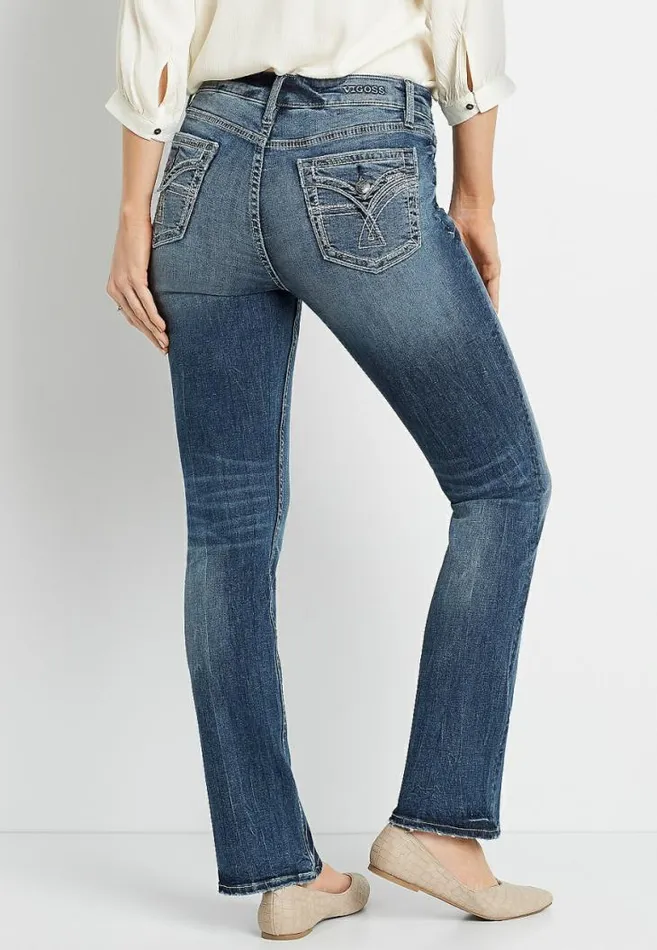 Women Vigoss Dark Wash Faux Flap Pocket Slim Boot Jean Maurices Jeans